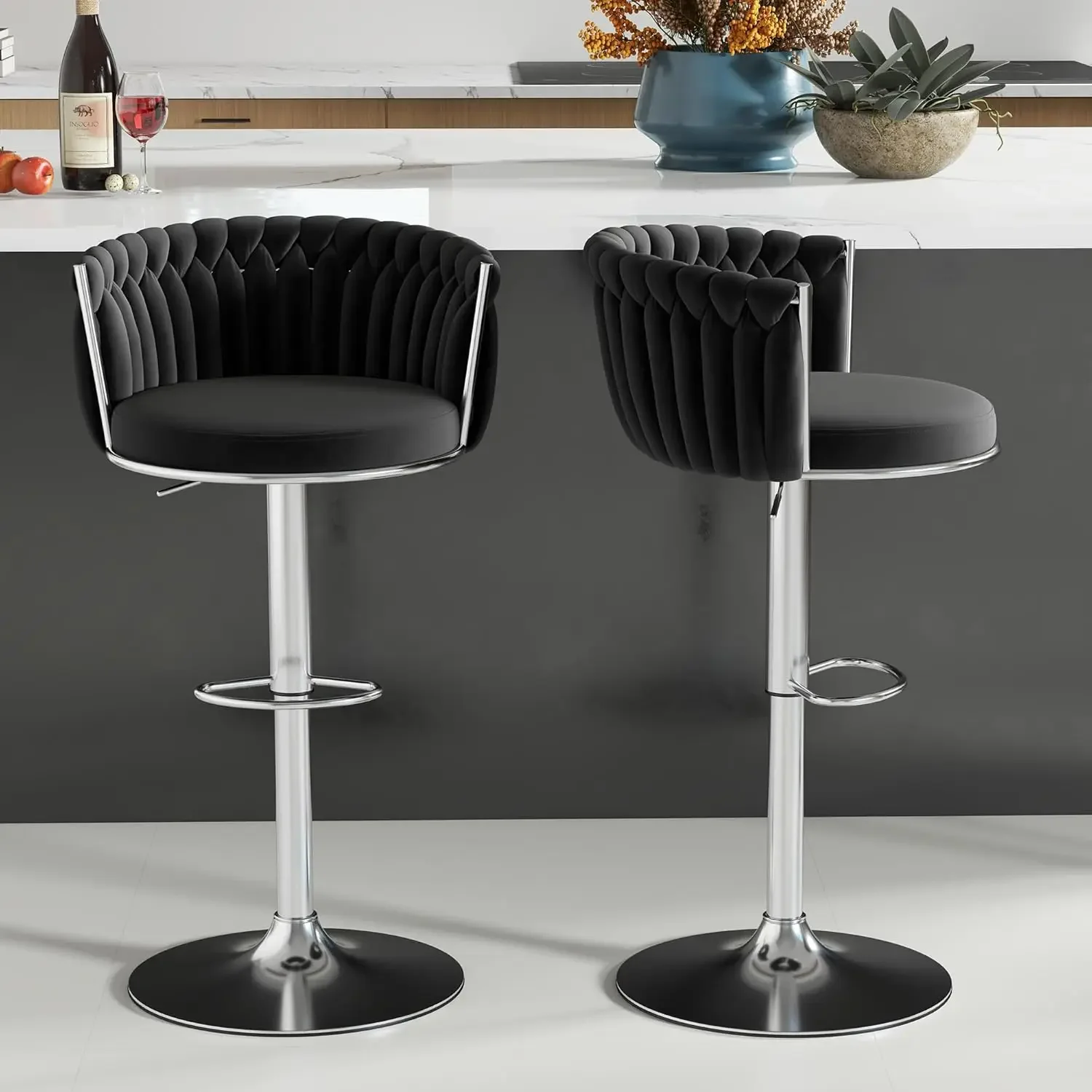 [Limited Stock, Buy Now!]Silver Bar Stool Set of 6, Velvet Swivel Barstools, Height Adjustable Counter Stools with Woven Backres