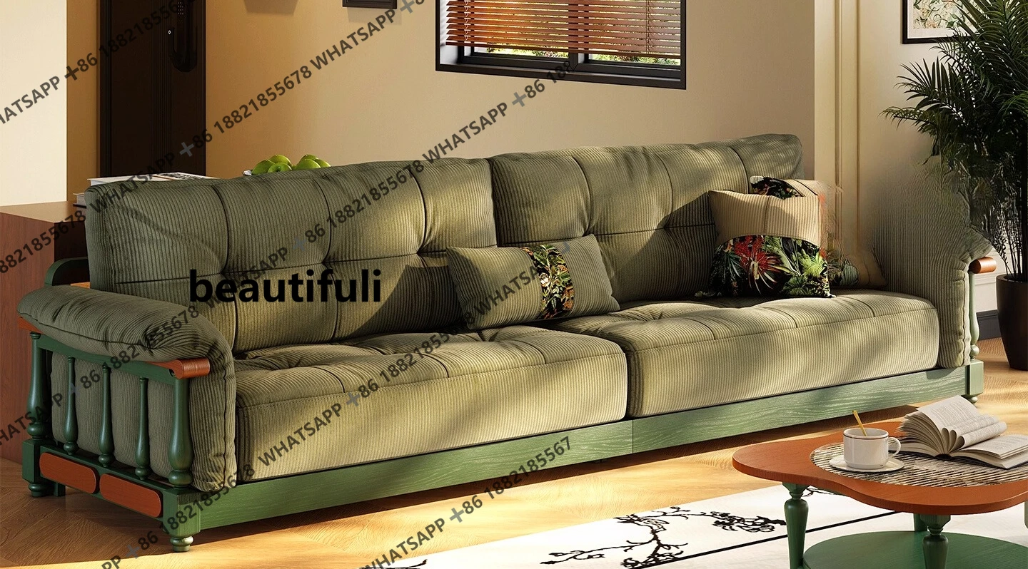 

French retro sofa small apartment living room straight row antique solid wood fabric sofa