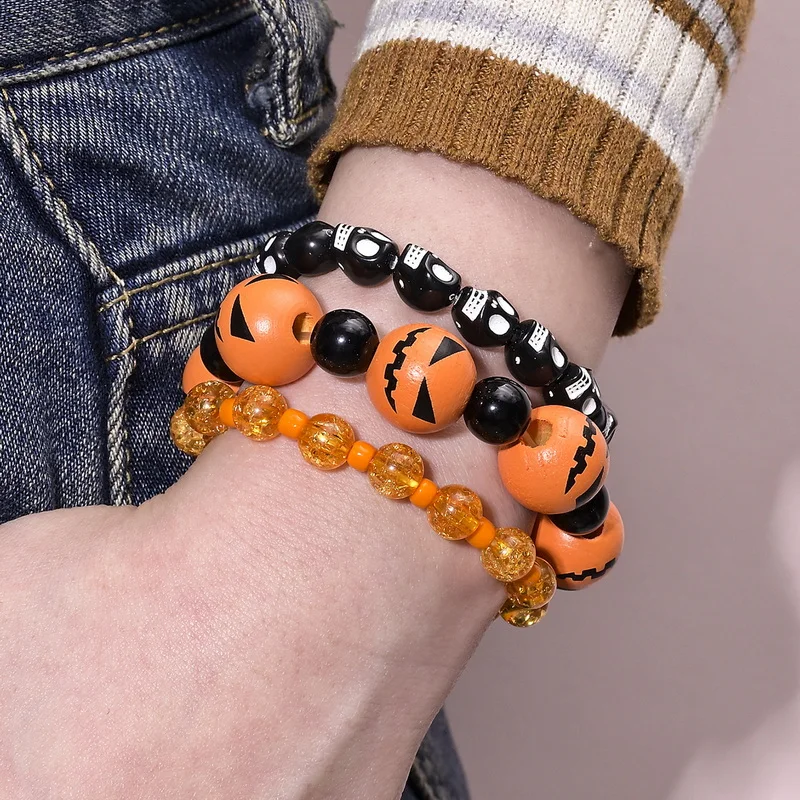 New Gothic Halloween Skull Pumpkin Spider Beads Bracelet for Women Jewelry Charm Handmade Woven Acrylic Beaded Adjustable Chain