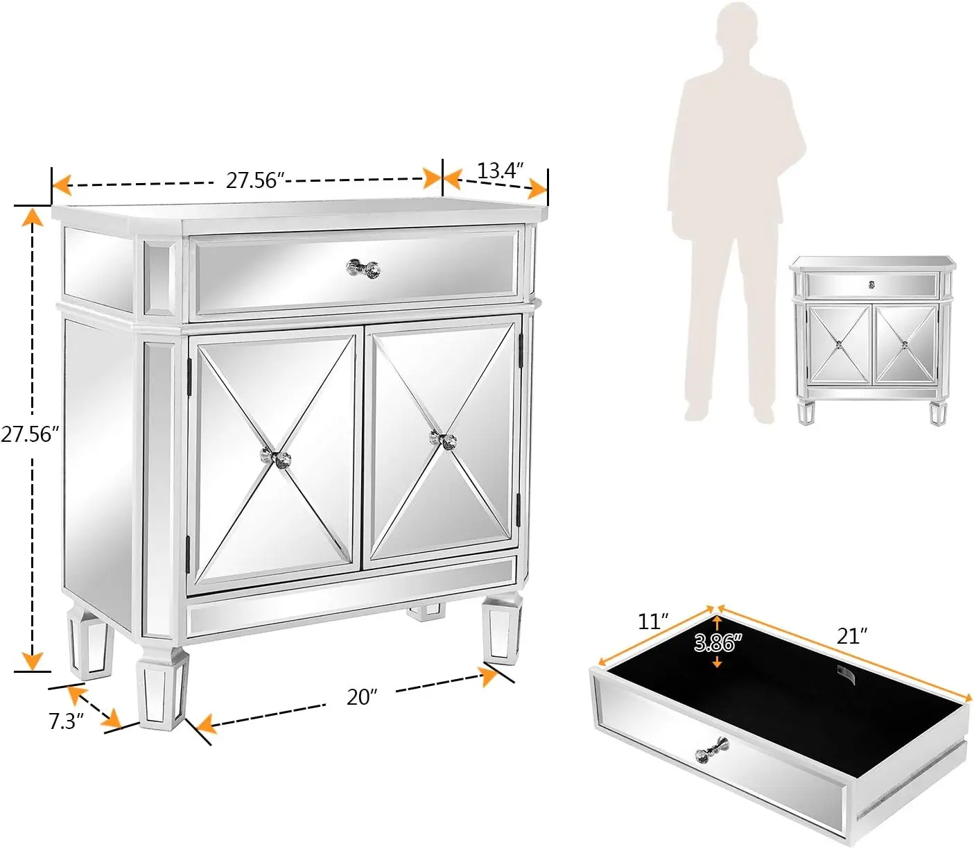 Gabinete con espejo, mesita de noche con espejo, cómoda decorativa con espejo, mesita de noche con espejo grande con 1 cajón y dos puertas, 27,5"