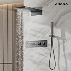 Sistema de ducha de latón negro de lujo, diseño montado en la pared, control Dual de frío y caliente, grifo de baño de 3 funciones