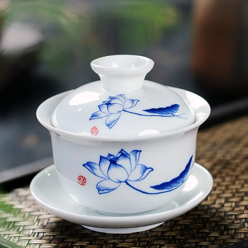 Handmade Jingdezhen High White Porcelain Blue White Sancai Gaiwan Tea Bowl Kung Fu Tea Set Home Office Gift