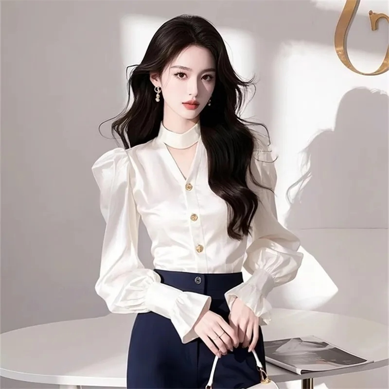 

Casual Women's Blouses Solid Color Vintage Tops Fashion Slim Fit Summer French Clothing Long Sleeved Satin Korean Women Shirts