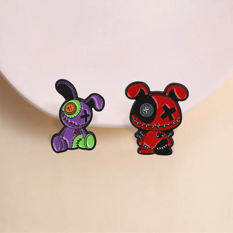 Gothic Voodoo Doll Enamel Pins Cartoon Stitched Bear Rabbit Spooky Patchwork Halloween Brooches Lapel Badge Party Jewelry Gifts 3