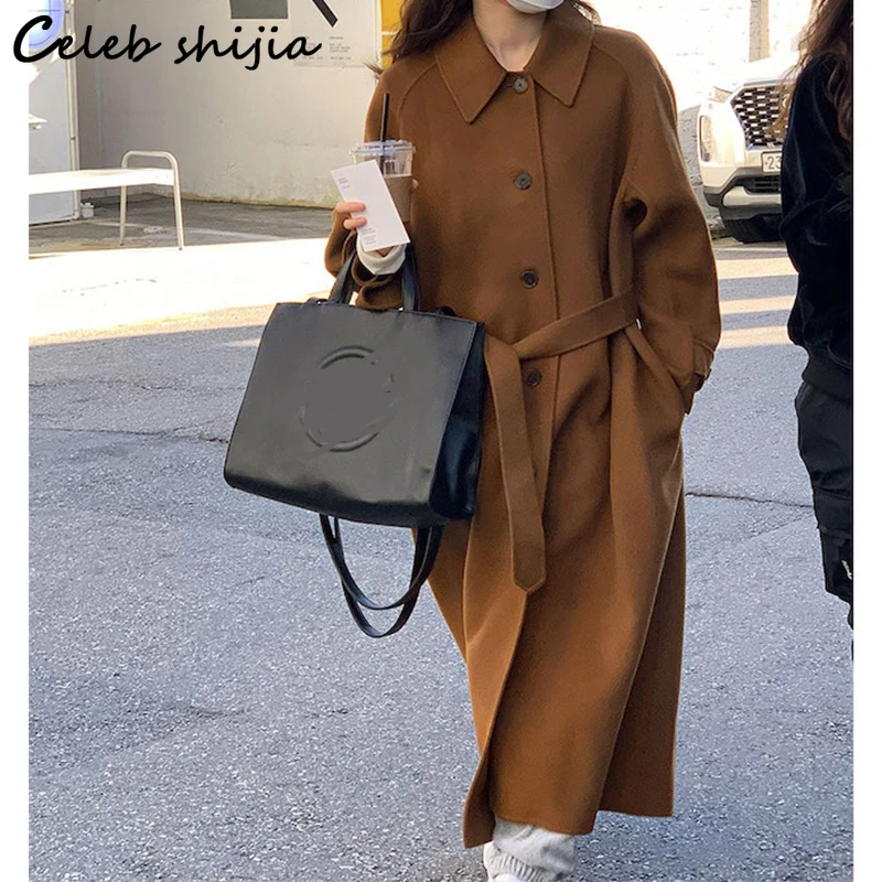 

Vintage Belted Woolen Coat Women Single Breasted Winter Autumn 2023 Turn-down Elegant Wool Blend Jacket Woman Streetwear Parkas