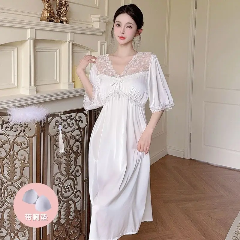 

Лето 2025 года, сексуальное кружевное нижнее белье с короткими рукавами и v-образным вырезом, шелковые атласные ночные рубашки для женщин, одежда для сна, ночное платье, ночная рубашка, домашняя ночная рубашка