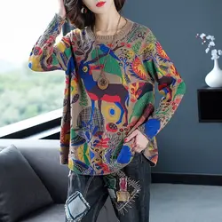 Autumn Winter New O-Neck Abstract Printed Jumpers Loose Fashion Patchwork Vintage Long Sleeve Knitted Sweaters Women's Clothing