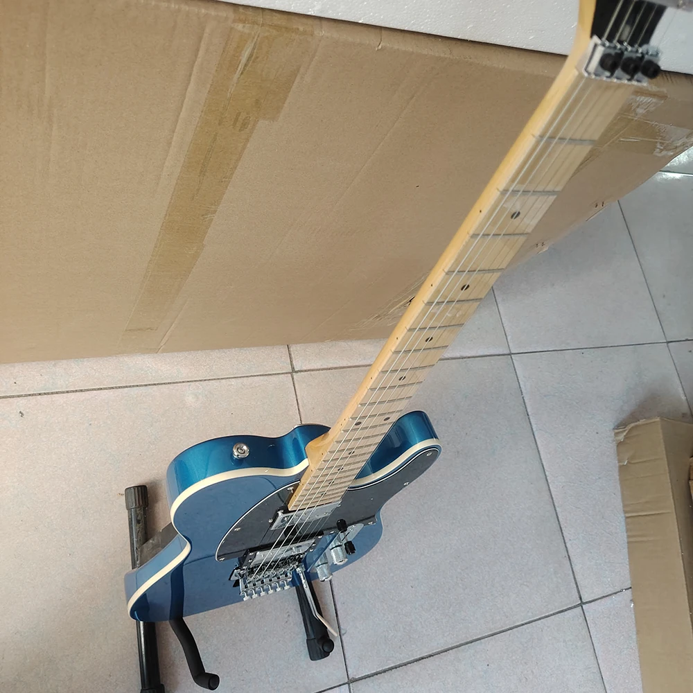 En stock, guitarra eléctrica TL con partículas de polvo azul y plateado, sistema Floyd vibrato, pastilla de alta gama de doble cara, entrega rápida