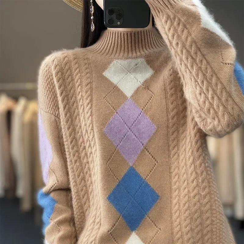 Autumn and Winter Women\'s Contrast Color Argyle Half High Collar Long Sleeve Knitted Sweaters Jumpers Fashion Casual Tops