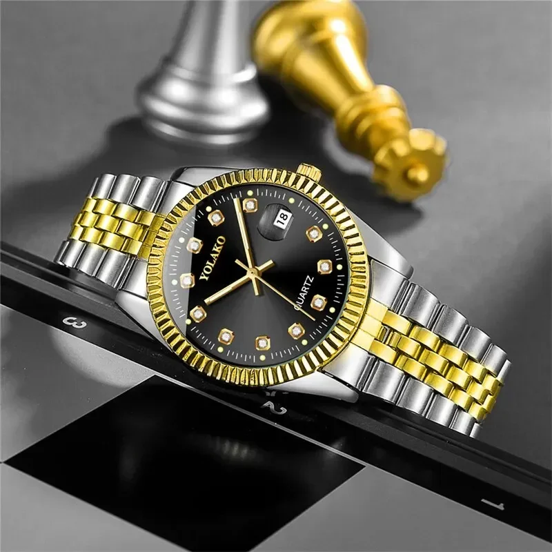 Mens Gold Watches Calendar with Stainless Steel Band Fashion Business Quartz Watch Relogio Masculino Wristwatch for Men Gifts