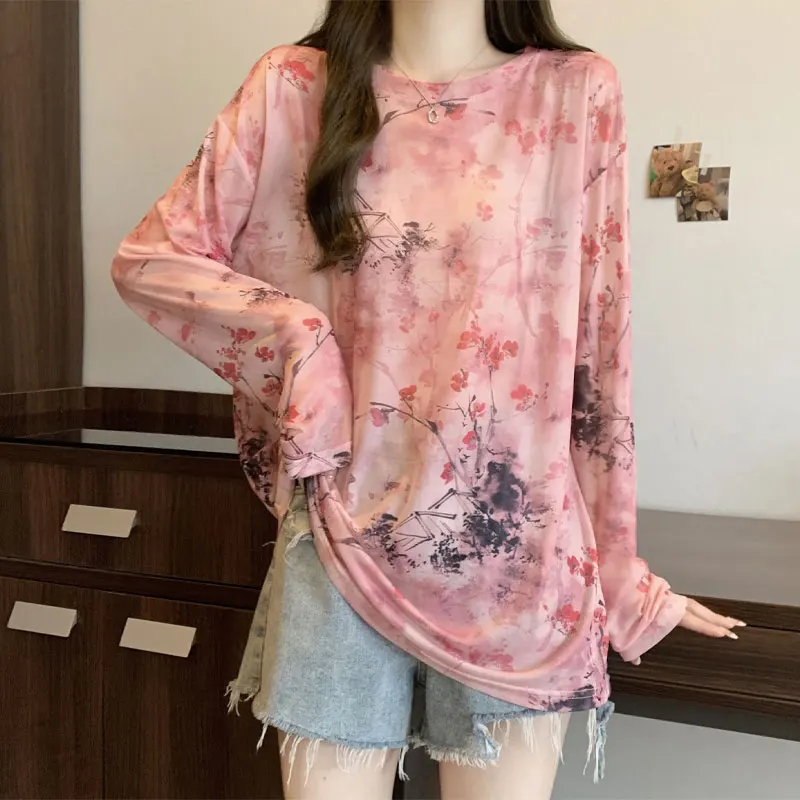 Chinese Style Ink Painting T-shirt Summer Thin Long Sleeve Women\'s Clothing Vintage Casual Loose Fashion Round Neck Pullovers