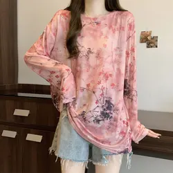 Chinese Style Ink Painting T-shirt Summer Thin Long Sleeve Women's Clothing Vintage Casual Loose Fashion Round Neck Pullovers