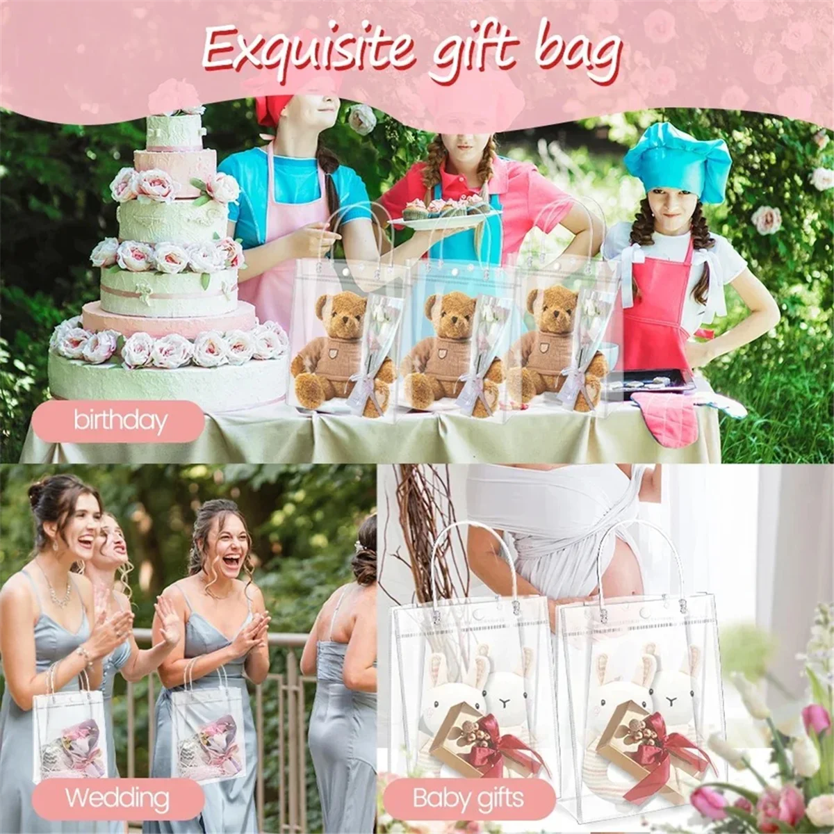 

EYFL-50PCS Clear PVC Gift Bags with Handles Reusable Plastic Wrap Tote Bags Transparent Shopping Bag for Christmas Party