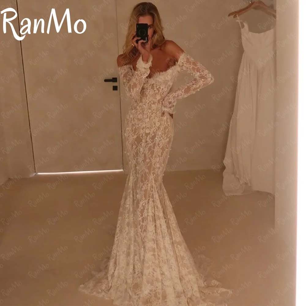 فستان زفاف حورية البحر الرائع من Ranmo بدون أكتاف مطرز بالخرز من الدانتيل فستان زفاف بأكمام كاملة مخصص ذيل محكمة فيستدوس دي نوفيا #1