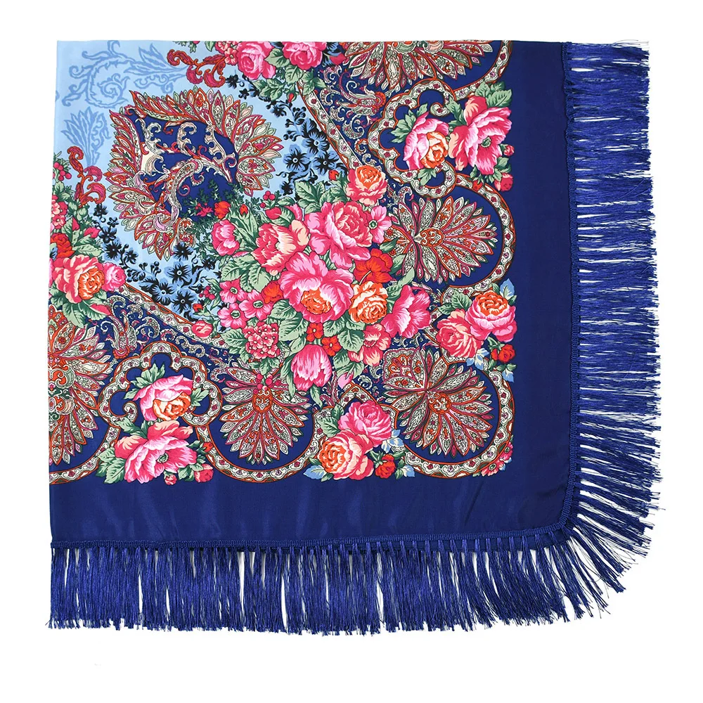 Women Square National Scarf Russian Retro Floral Print Head Scarves Bandana Foulard Femme Muslim Headwrap Babushka Scarf