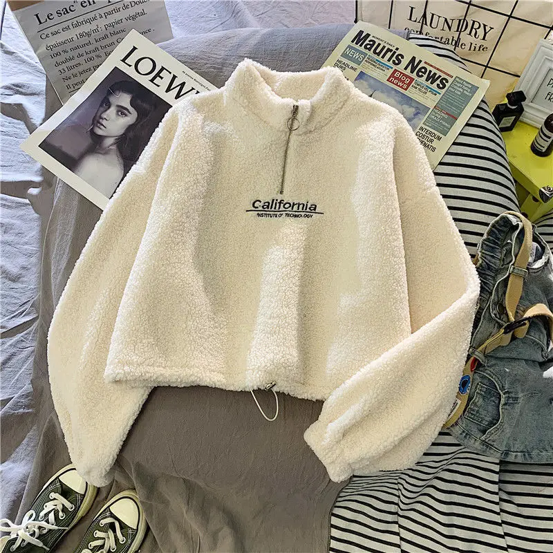 MEXZT Streetwear Women Letter Sweatshirt Pullovers Fashion Harajuku Thick Warm Faux Lamb Fleece Crop Tops Loose Y2k Clothes New