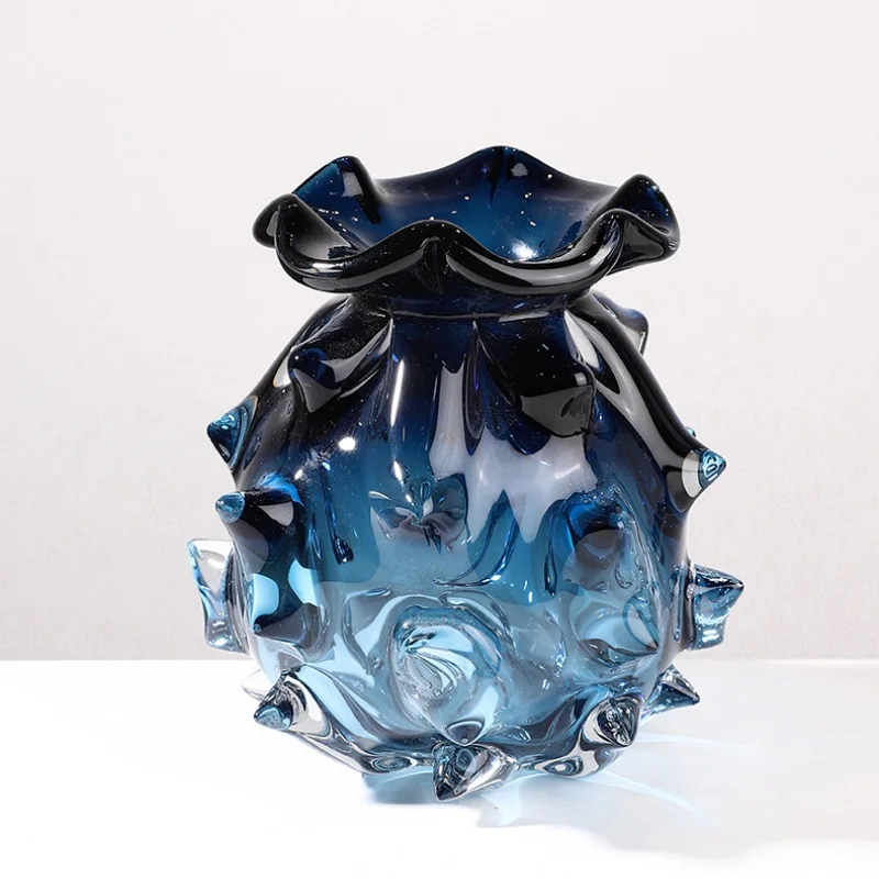 cx Blue Glass Vase Wave Creases Flower Arrangement Hydroponic Accessories Terrarium Flowerpot Home Decoration Accessories