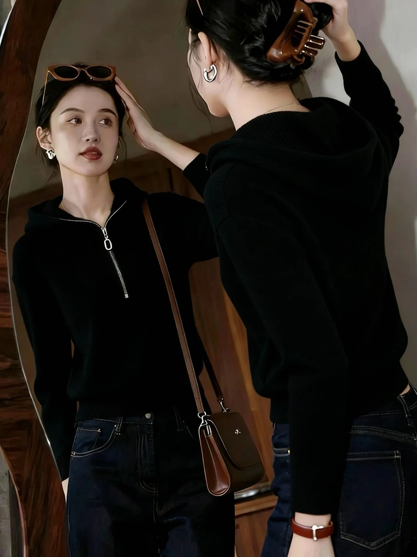 Faionable preguiçoso sle malhas com capuz fino ajuste longo sve feminino irt casual luxo f zíper outono inverno malha topo