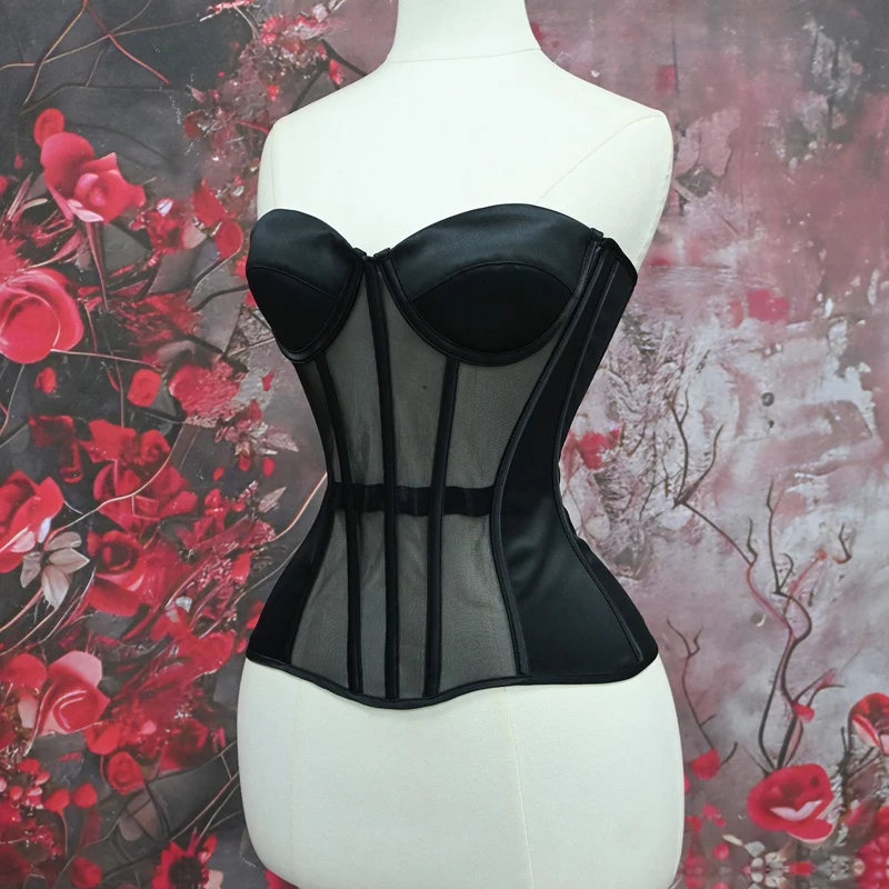 Sexy Mesh See Through Overbust Corset Tops for Women Ladies Female Lace Up Solid Color Corsets and Bustiers Body Shaper Lingerie