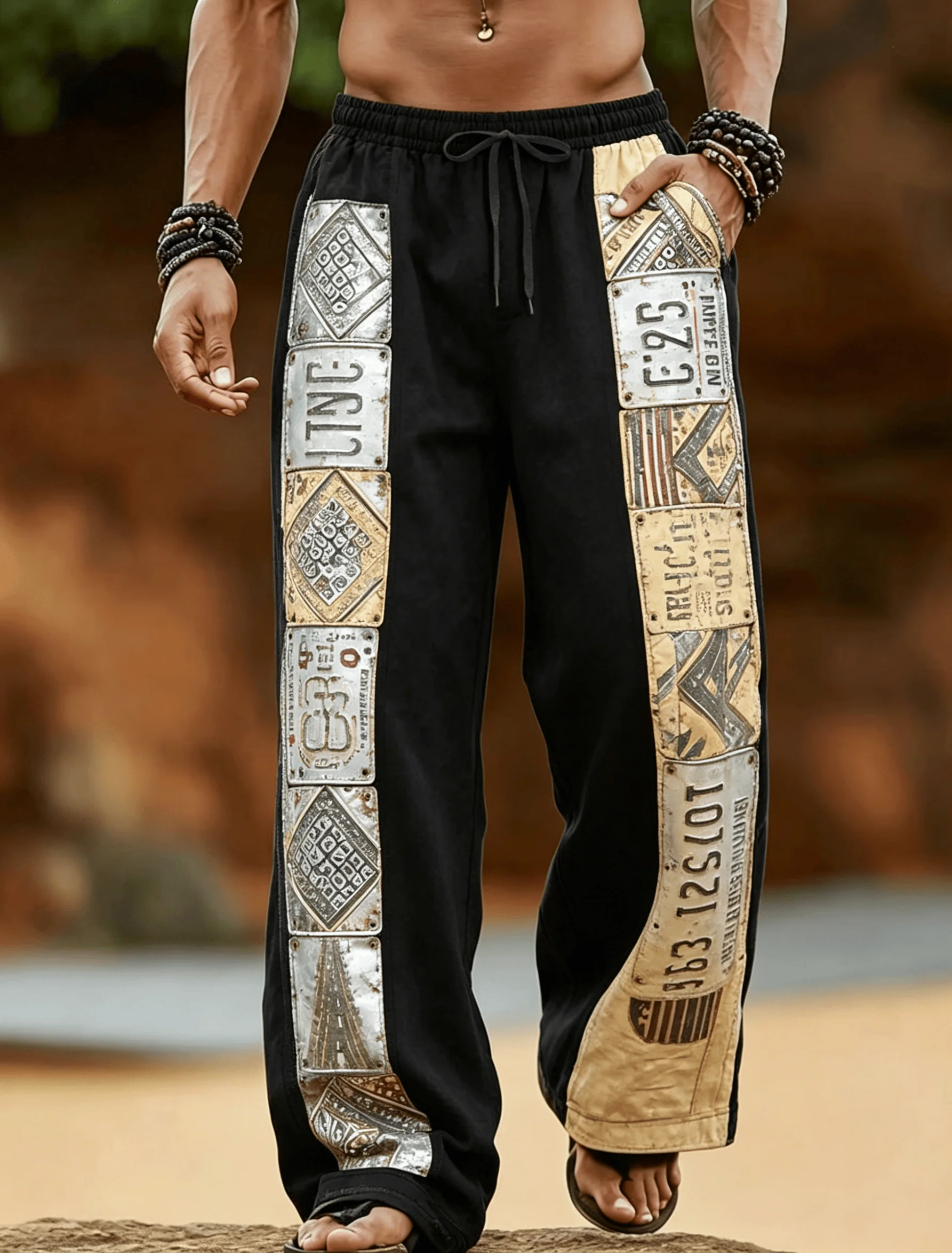 

Men's Vintage License Plate Print Drawstring Pants, Casual Streetwear Trousers for Spring and Summer