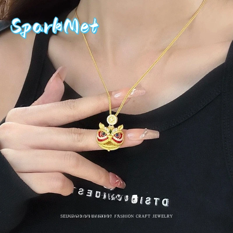 

Sparkmet 9999 24K Real Gold Diamond-Inlaid Enamel Lion Dance Pendant Necklace Accessories for Women Light Luxury Niche Collarbon