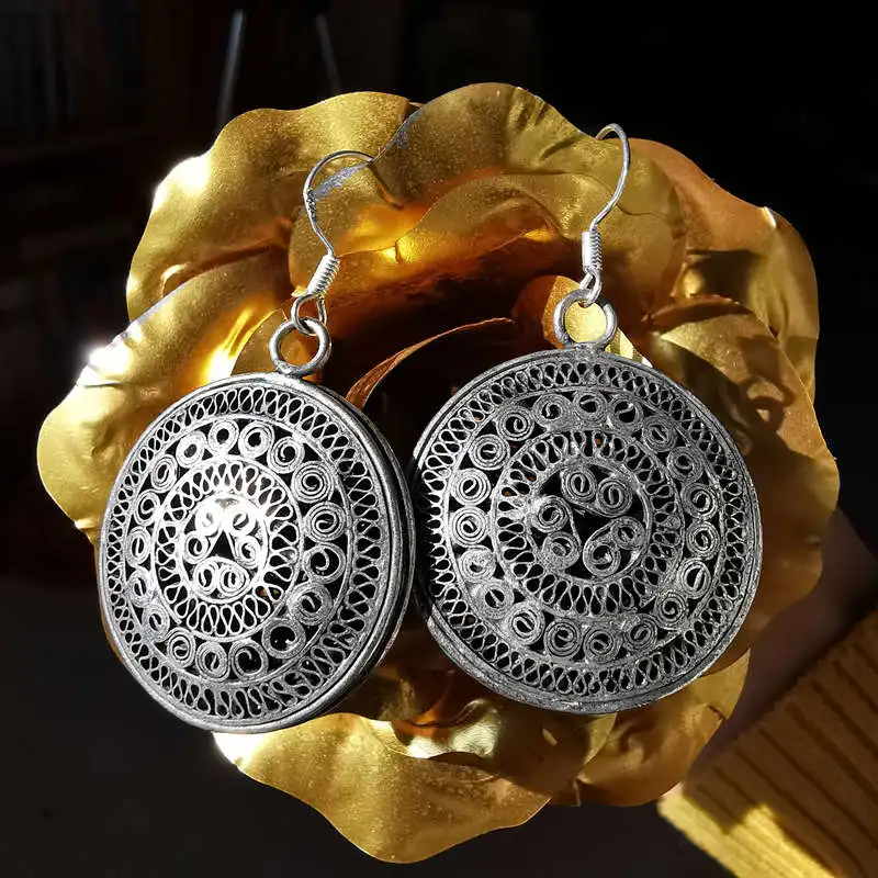 Miao Ethnic Hand Filigree Copper Big Circle Tassel Earrings E077
