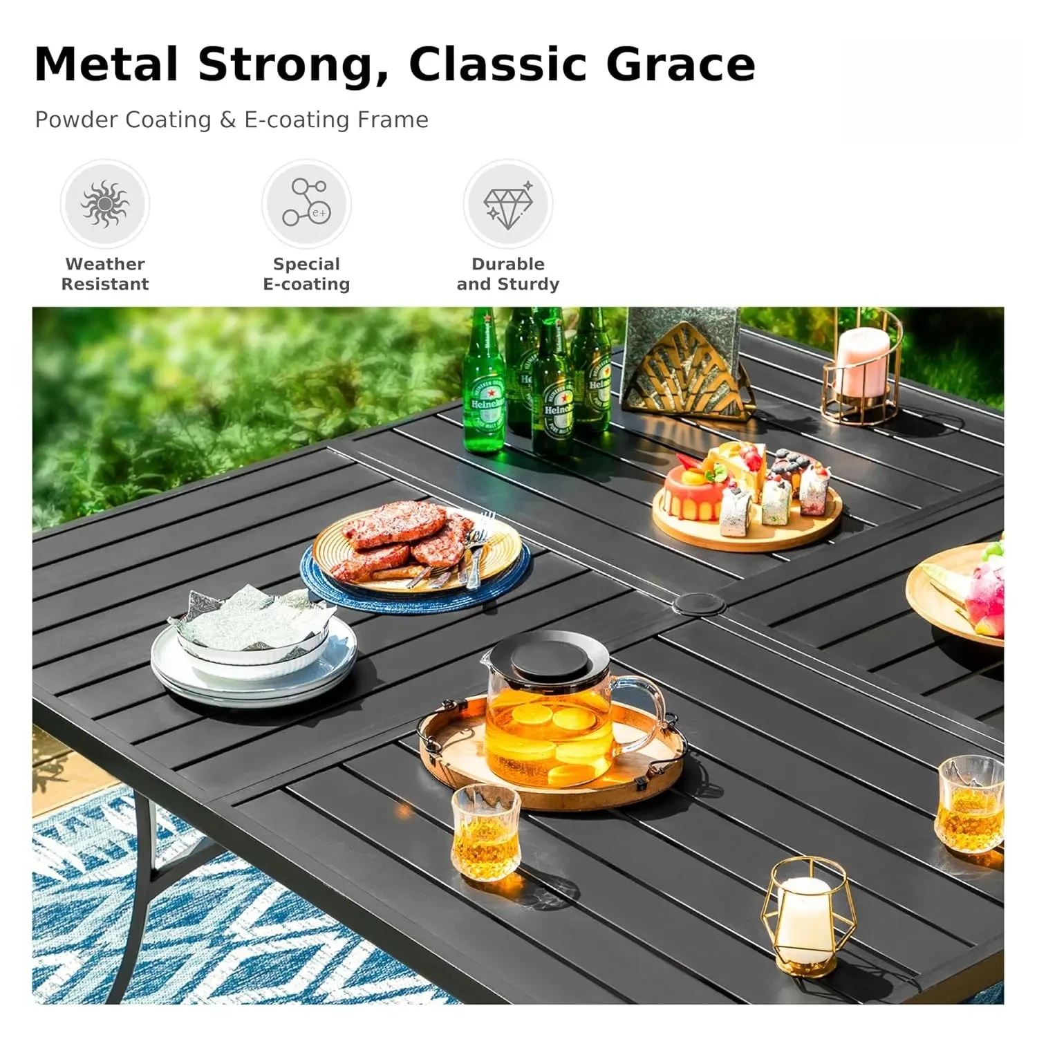 60 Inch Square Metal Outdoor Dining   with Adjus  Umbrella Hole   All Weather Patio Furniture Seats 8 for Deck Back