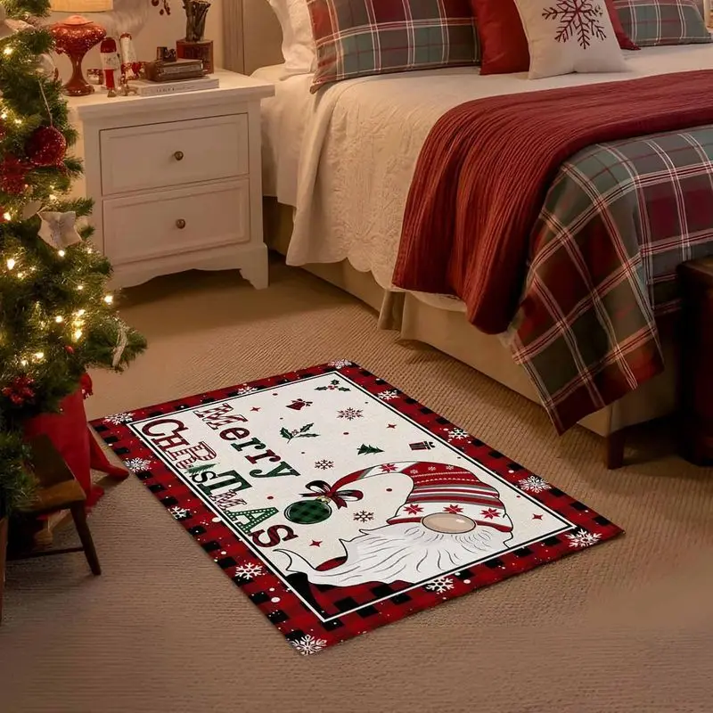 VIKAMA Christmas Crystal Velvet Door Mat Gnome Buffalo Plaid Merry Christmas Print Non Slip Mat For Front Door Porch Decor