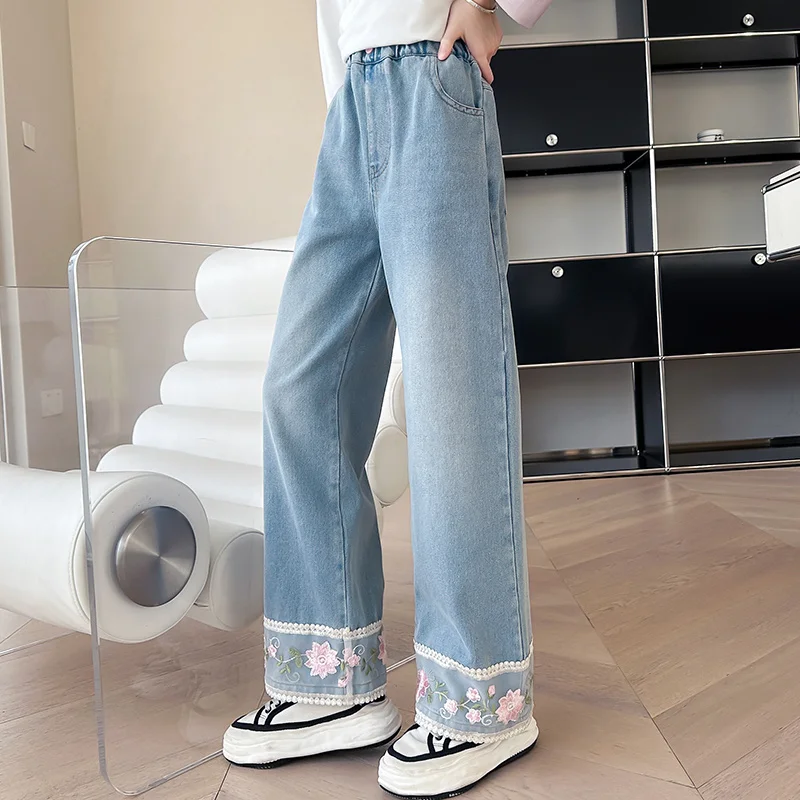 Cute Kids Girls Spring Cotton Straight Fit Jeans with Lace Floral Kids Soft Trousers Jeans Flower Denim Pants For Teenager Child