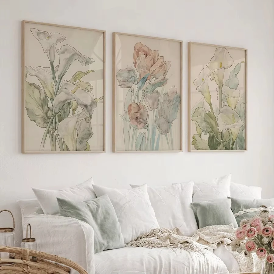 3-piece Set of Tulip and Lily Watercolor Flowers PlantWall Art Canvas Painting BohemianPosters and Prints Living Room Decoration