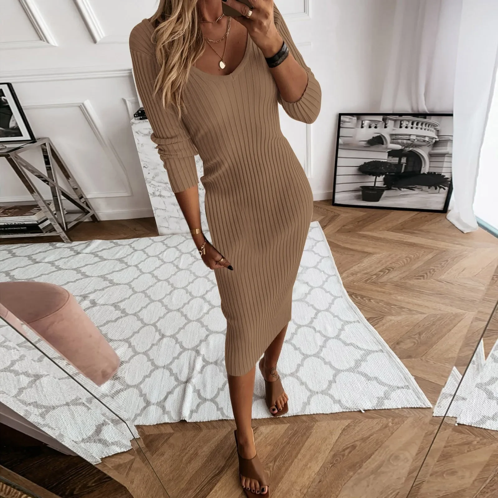 

Women Knit Dress V-neck Solid Color Long Sleeve Dresses 2023 Winter Casual Sexy Bodycon Knitted Maxi Striped Long Dress Robe
