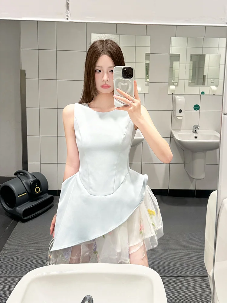 

Blue Ballet Style Princess Short Puffy Dress Skirt with Waist Cinching Slimming Asymmetrical Hemline Sleeveless Vest Dresses
