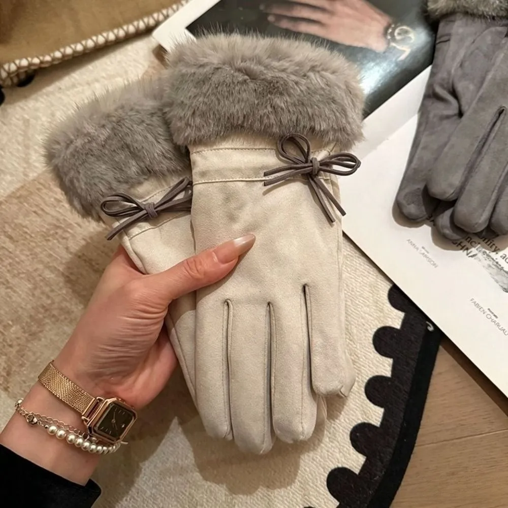 Practical Fleece Lined Faux Fur Gloves Bow Decoration One Size Fleece Lined Gloves Touch Screen Gloves For Women