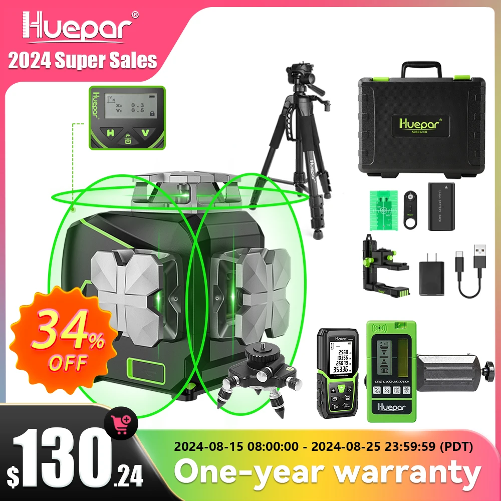 Huepar S03CG Set 3D Cross Line Laser Level Bluetooth & Remote 12 Lines Osram Green Beam Laser With Receiver Tripod Rangefinder