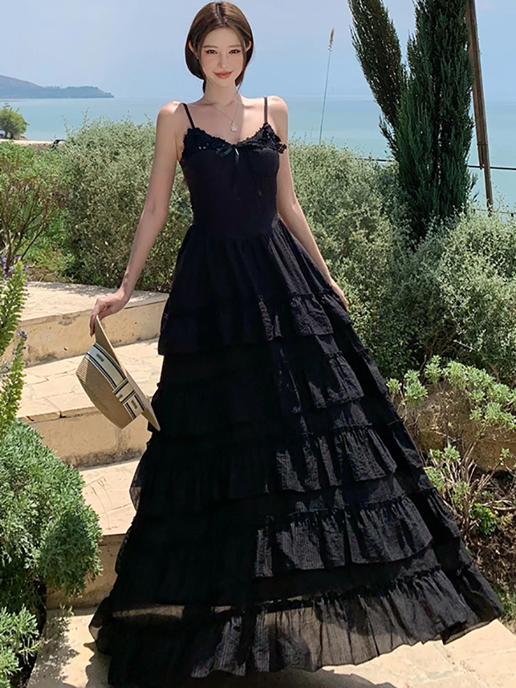 Summer Black Elegant Ruffled Maxi Dress 2026 Fashion Patchwork Bow Lace V-Neck Sling Dress Women Korean Vintage Luxury Vestidos