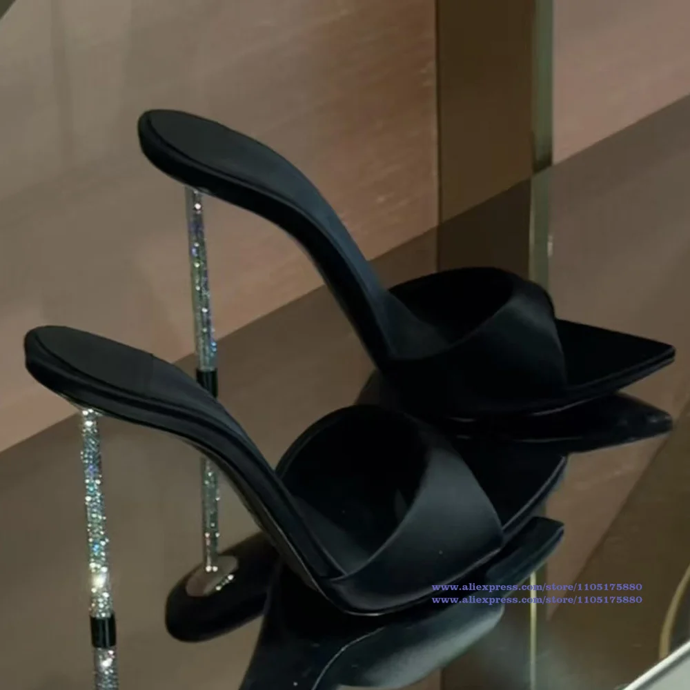 

Black Satin Pointy Toe Mules Slippers Diamond Heel High-Heeled Sandals Women's Shoe Luxury Designer Sandalias De Mujer Verano
