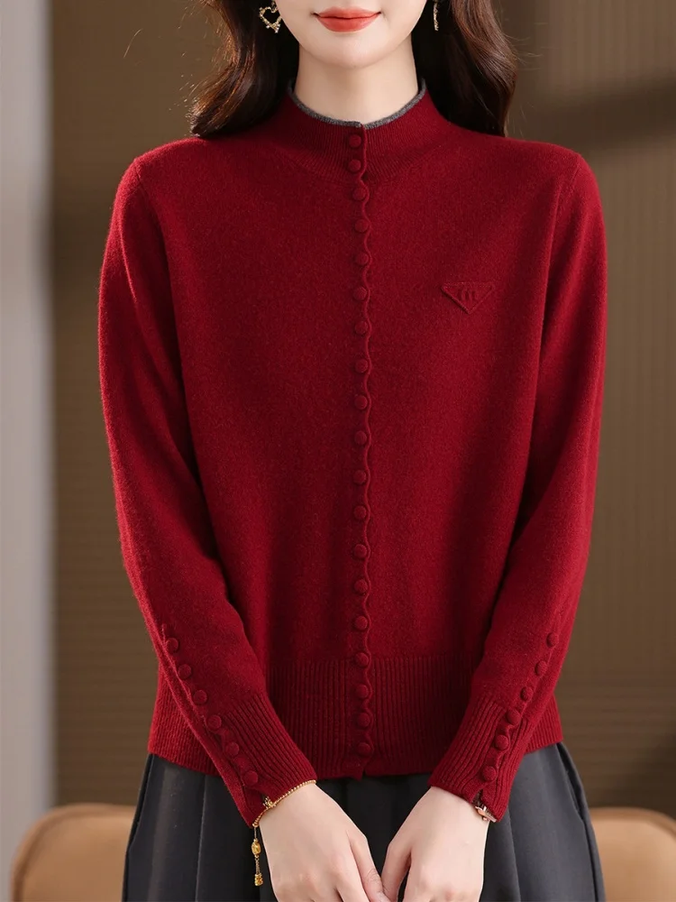 Birdtree ، سترة محبوكة من صوف الأغنام 100% ، بلوزات نسائية ناعمة برقبة وهمية دافئة ، كم كامل ، بلوفر شتوي لخريف وشتاء 2025 T5N403JF