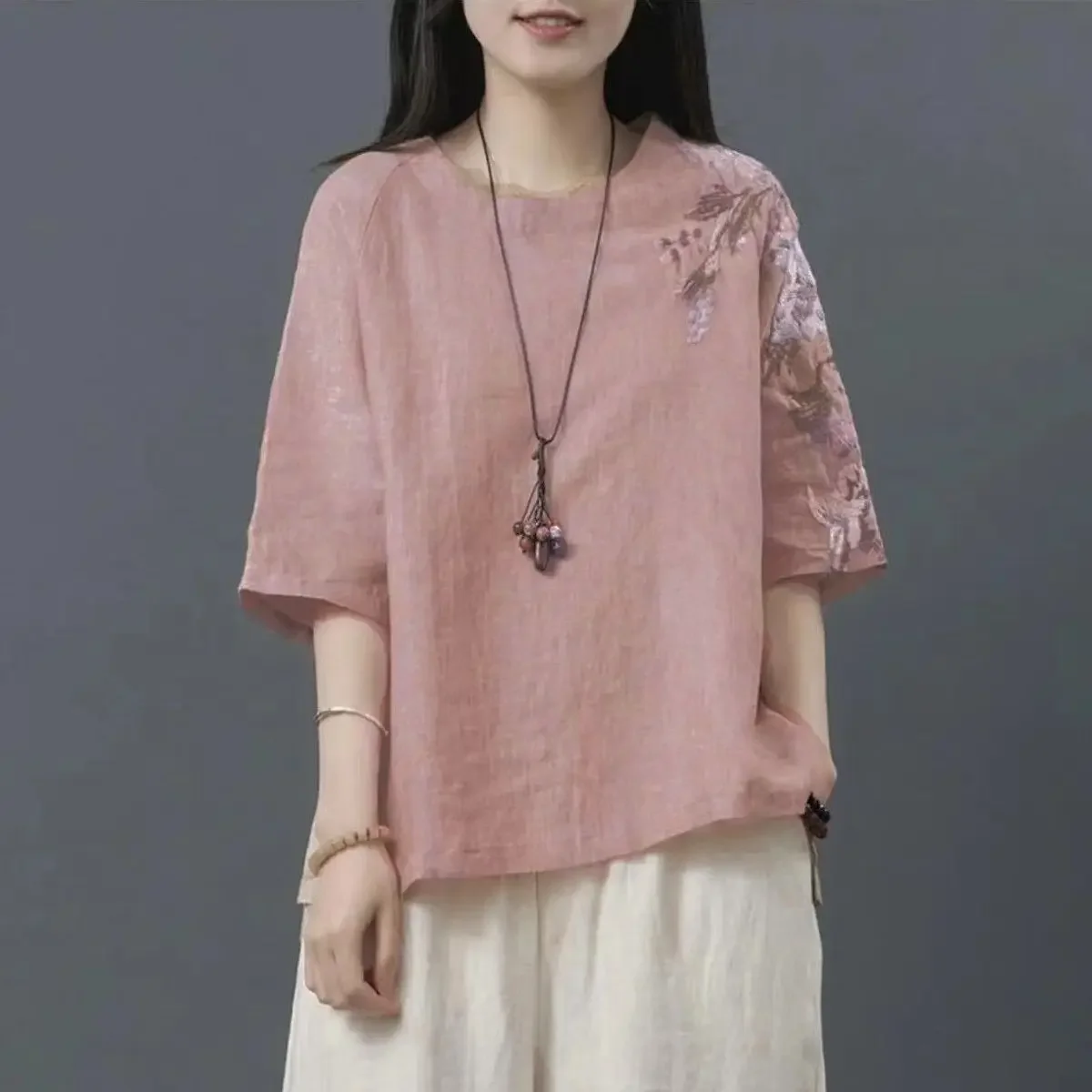 Vintage Embroidery T-shirts Women Half Sleeve Cotton Linen Loose Stylish Tender Leisure Temperament Chinese Folk Style Summer