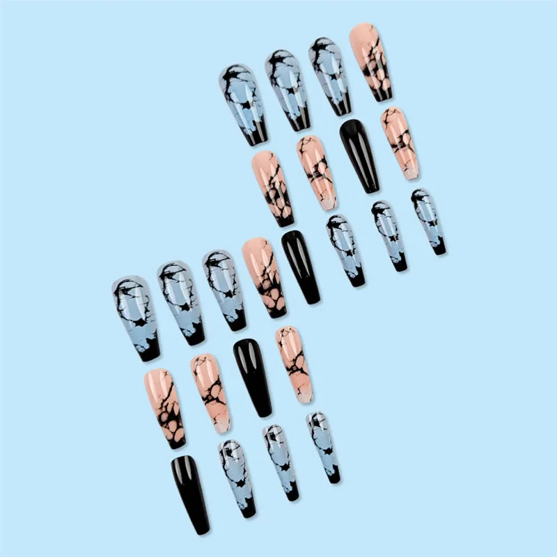 24 pièces de longs ongles carrés à pression, veines de marbre bleu noir sur base noire solide |   Style gothique moderne