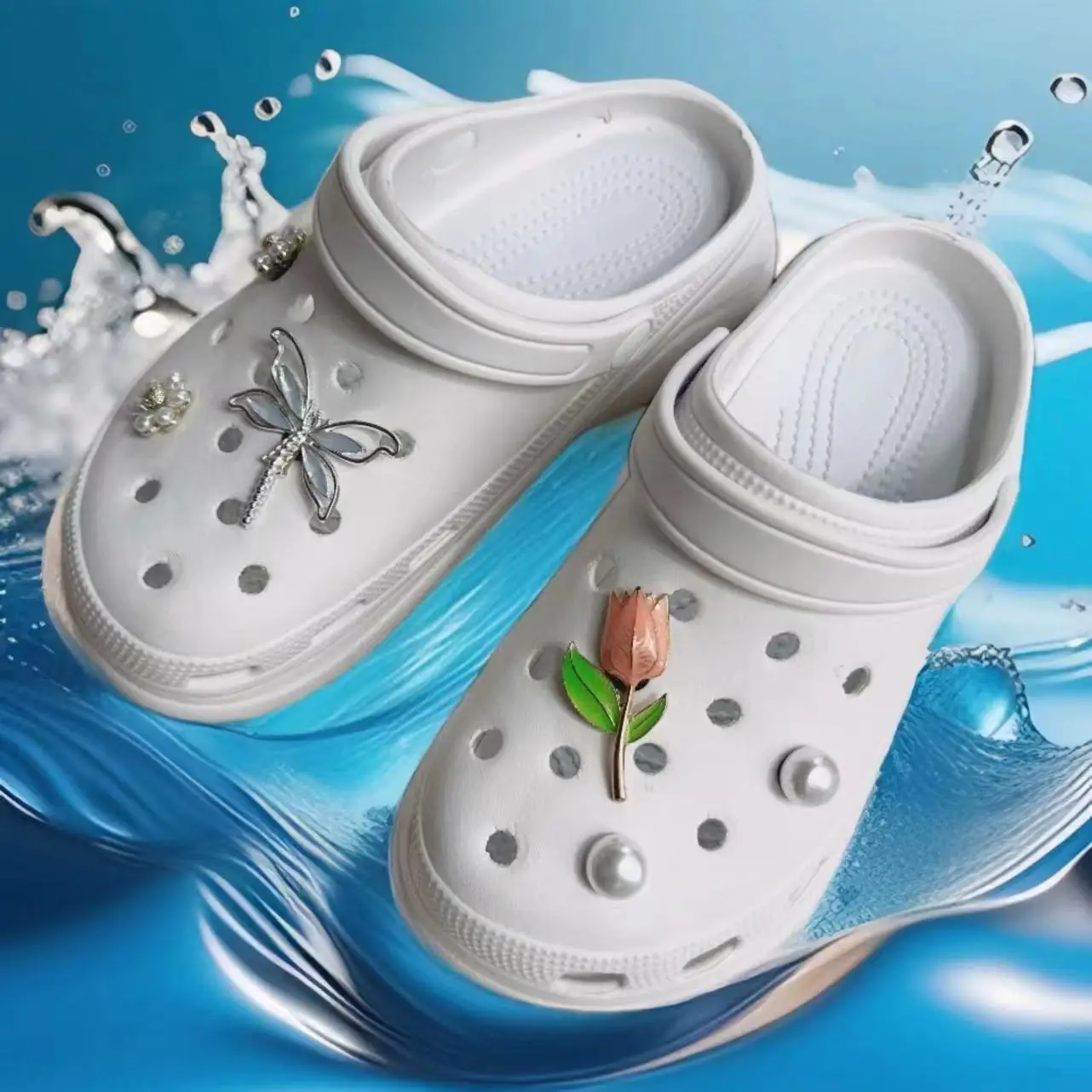 

Creative Tulip Dragonfly Hole Shoe Charms Decorations Pearl Water Diamond Shoes Buckle DIY 3D Hole Shoe Accessories