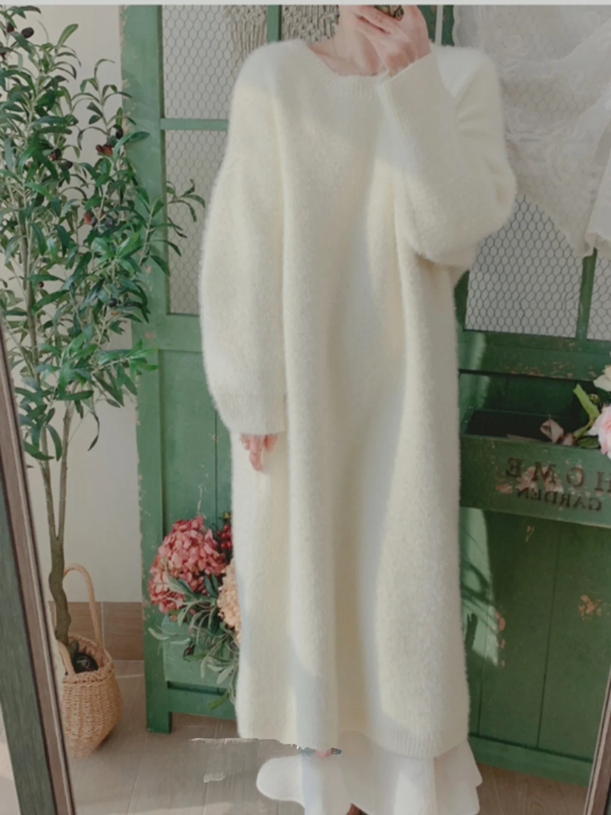 

Original Autumn Winter Thiened Medium Length Sweater Dr Women's Knitted Skirt Faux Fur Lazy Sle Milk White Warmth Emit...