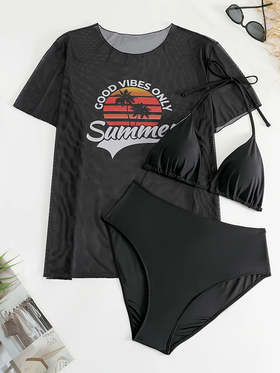 3 Pieces Large Plus Size Bikini 2023 & T-Shirt Swimwear Women Swimsuit Female High Waist Beachwear Bathing Swimming Swim Suit