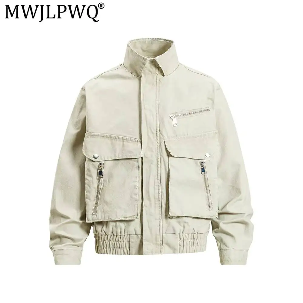 MWJLPWQ Men's Workwear Jacket American Trendy Spring Autumn Three-Dimensional Large Pocket Zipper Design Unique Tops 20237