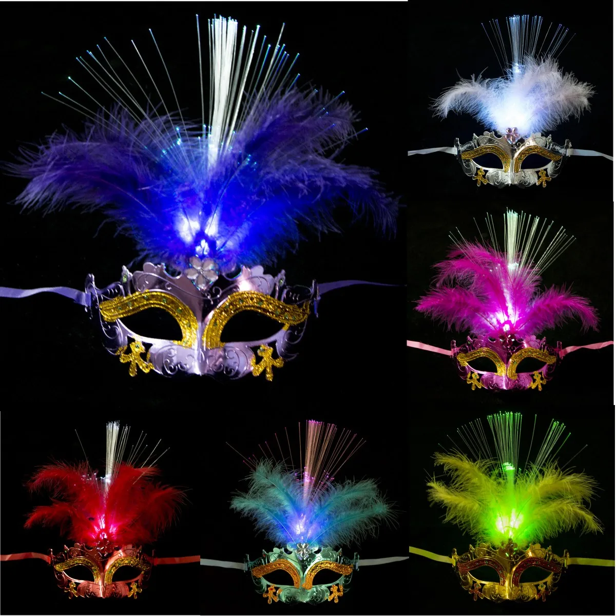 Venetian Venice Glowing Feather LED Masks Woman Fancy Dance Party Eye Mask Carnival Halloween Masquerade Cosplay Costume