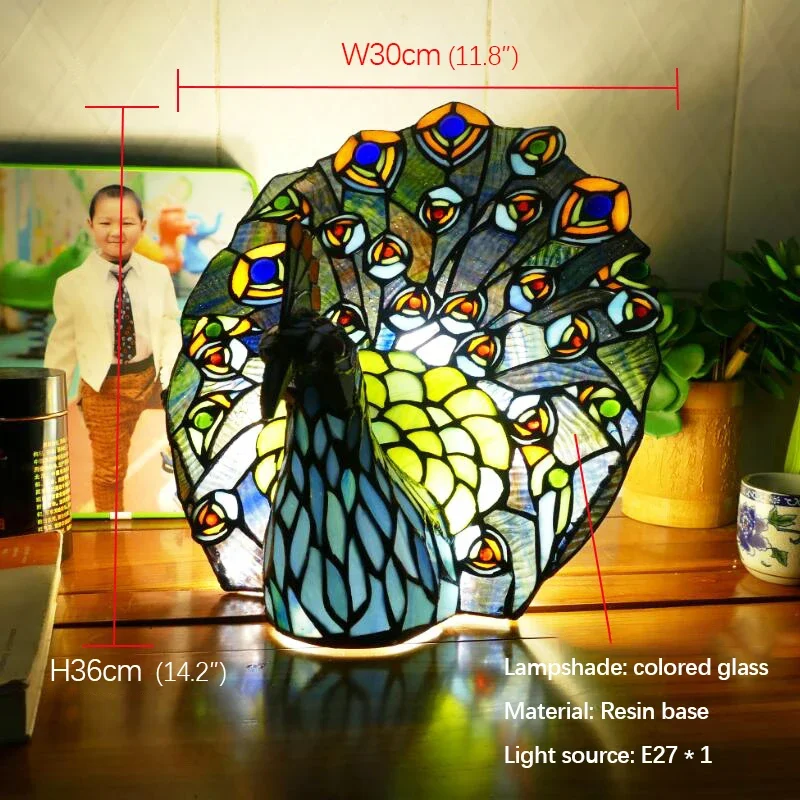 Hongcui  Tiffany Peacock Table Lamp Art Living Room Bedroom Children\'s room Homestay Stained Glass Decoration Desk Lamp