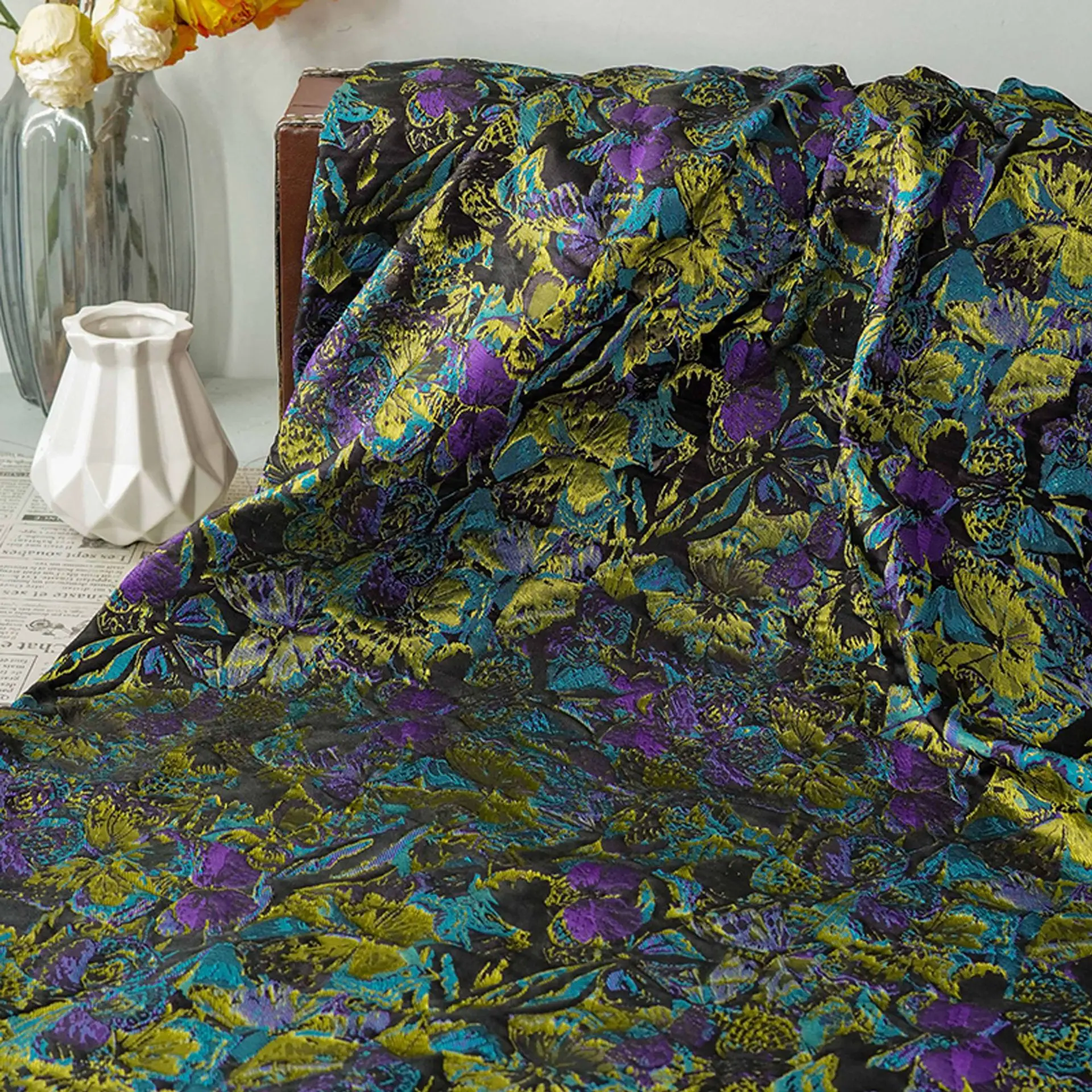 

3D Embossed Yellow Purple Butterfly Yarn Dyed Jacquard Fabric Women's Dress Evening Gowns Suits Bag Handmade Sewing Fabric