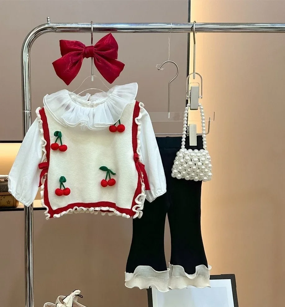 

Girls Autumn Set 2024 New Girl Baby fashion Knitted Flower Tank Top Children Pants Fashionable Three Piece Set