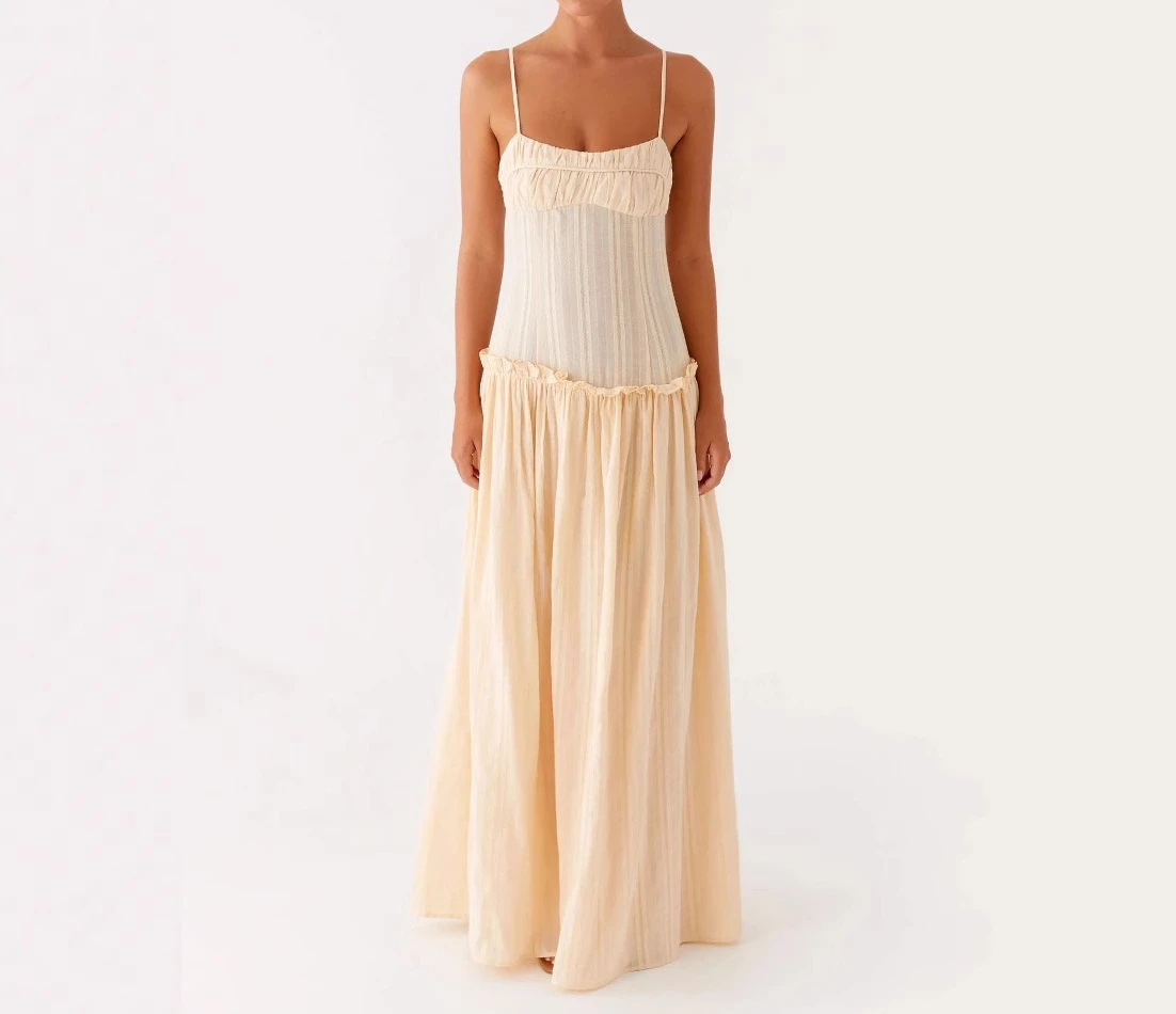 

2025 Summer New Women's Pleated Ruffle Edge Camisole Style Fashionable Long Dress
