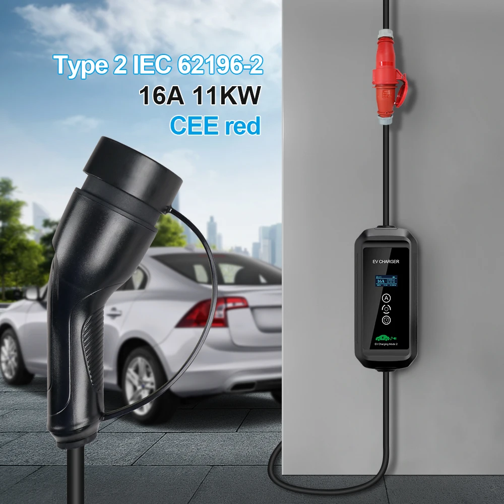 11KW 16A EV Portable Charger Type2 EVSE Charging Box Electric Car Charger CEE Plug IEC62196-2 Electric Vehicle Charger Cable 7M