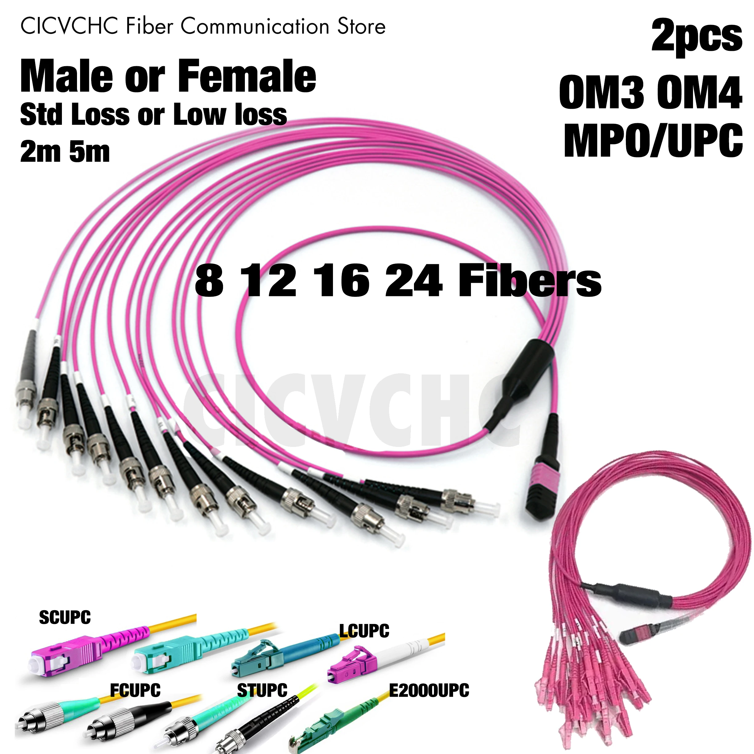 2pcs 8, 12, 16, 24 Fibers MPO/UPC Fanout LC, SC, FC, ST, OM3 OM4 Elite Low Loss Male, Female, 2.0mm Cable, MPO Assembly